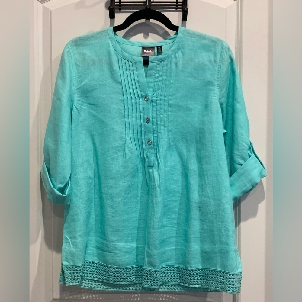 Rafaella 100% Linen Top Teal Button Down Tunic Blouse Coastal Hippie Size PM